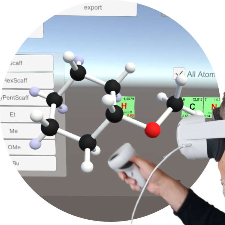 User with VR headset superimposed on an screenshot showing a molecule